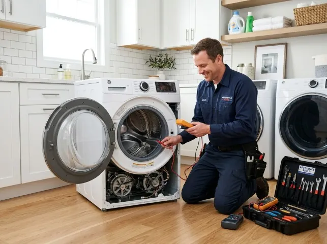 Appliance Repair Hero technician testing a front-load washer with a multimeter on a Brandenburg, KY service call